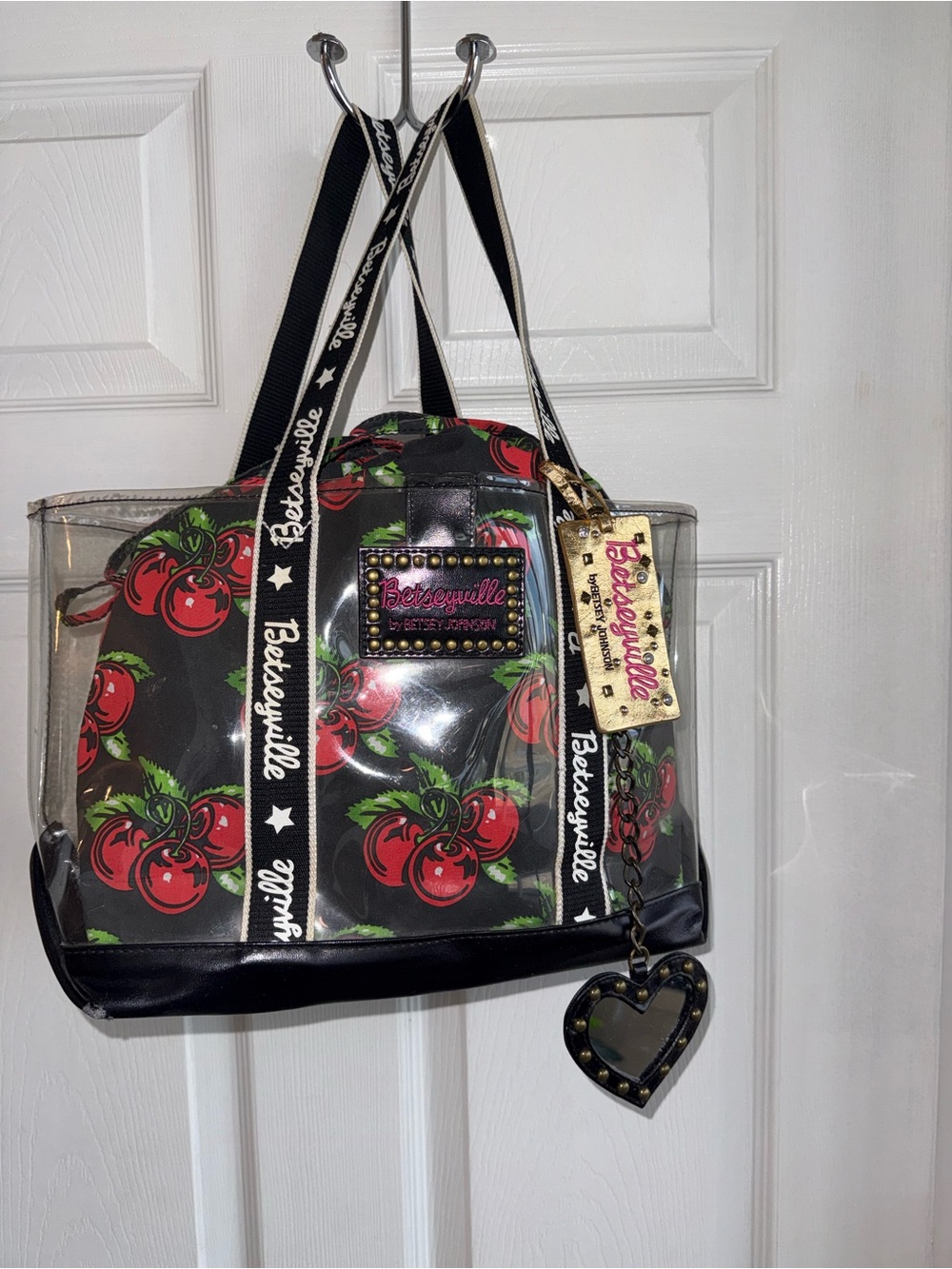 Betsey Johnson Clear Tote with Red Cherry Print and Black Trim